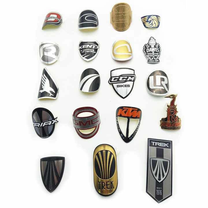 custom embossed aluminum metal bike logo bicycle label stickers