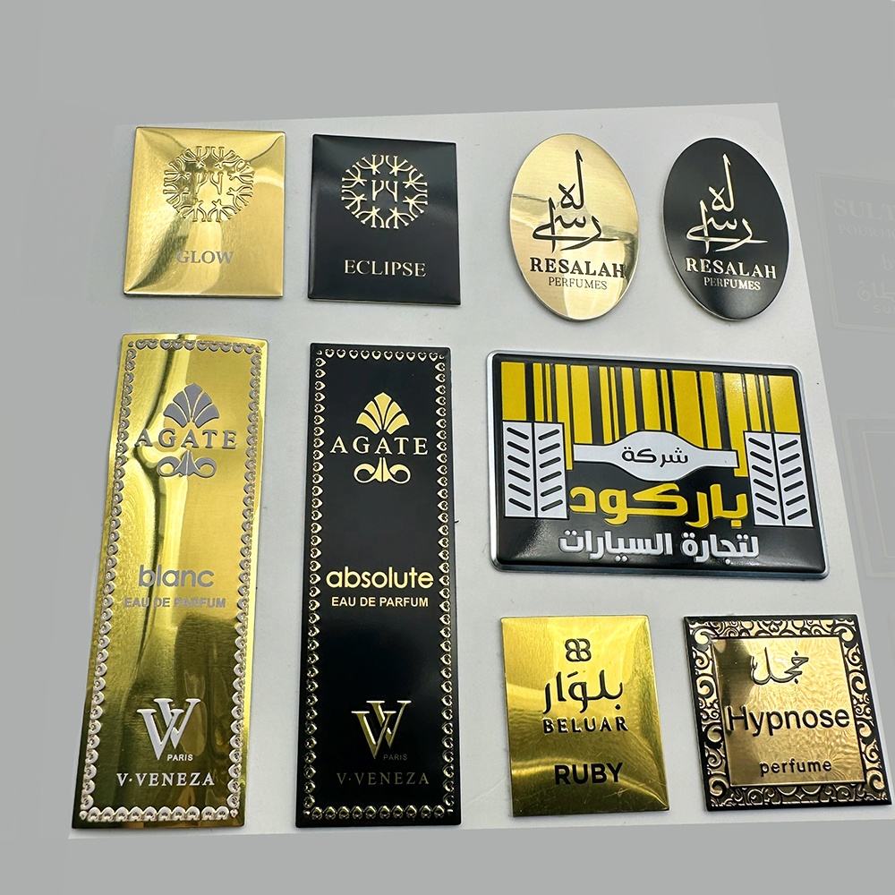 Customized Candle Fragrance Designs Aluminium Embossed Logo Sticker Metal Perfume Bottle for Packaging Label